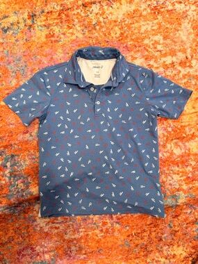 Johnnie-O Boys Polo Shirt Blue Surfboard Print Short Sleeve Size 10